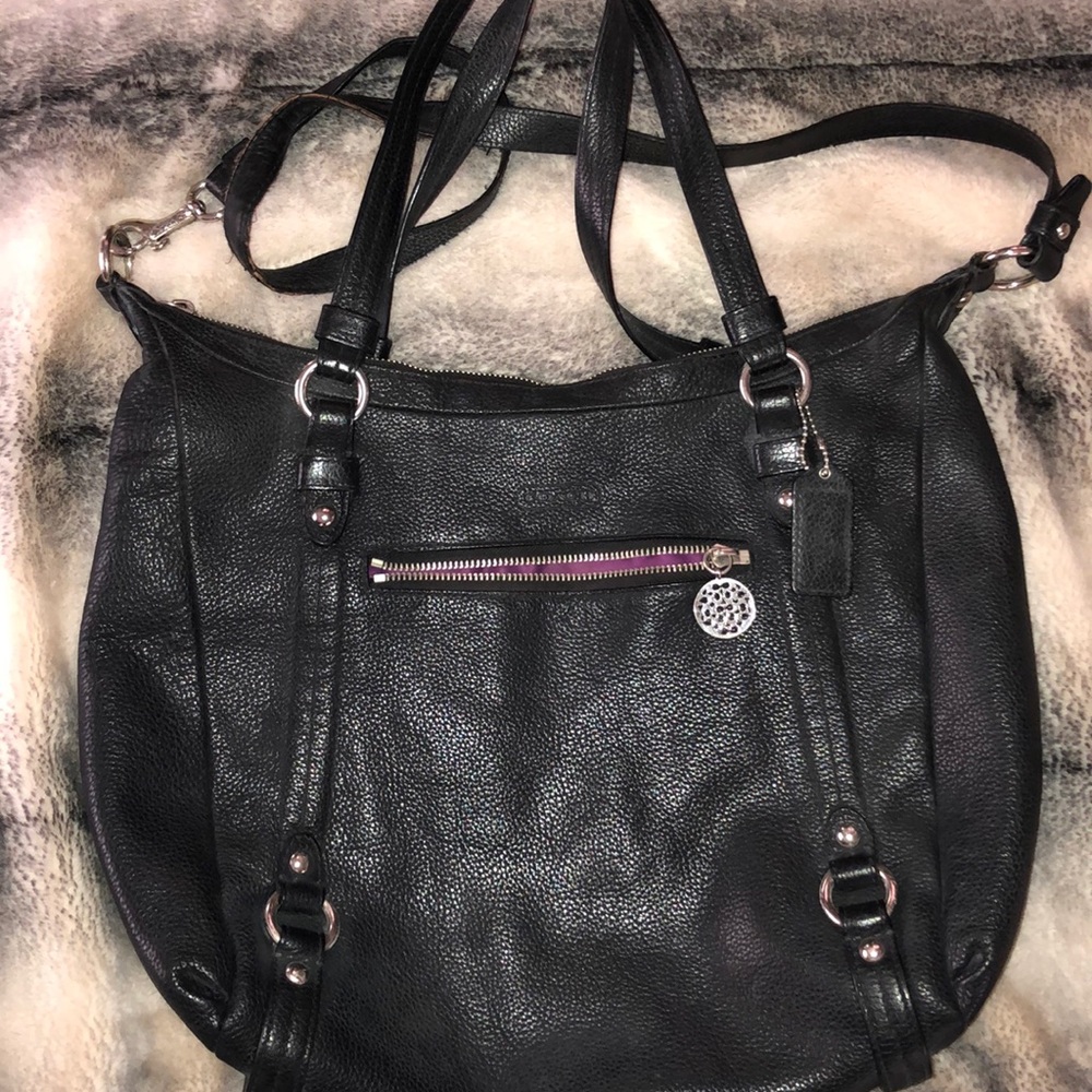 Coach Black Pebbled Leather Shoulder Bag with Silver Accents